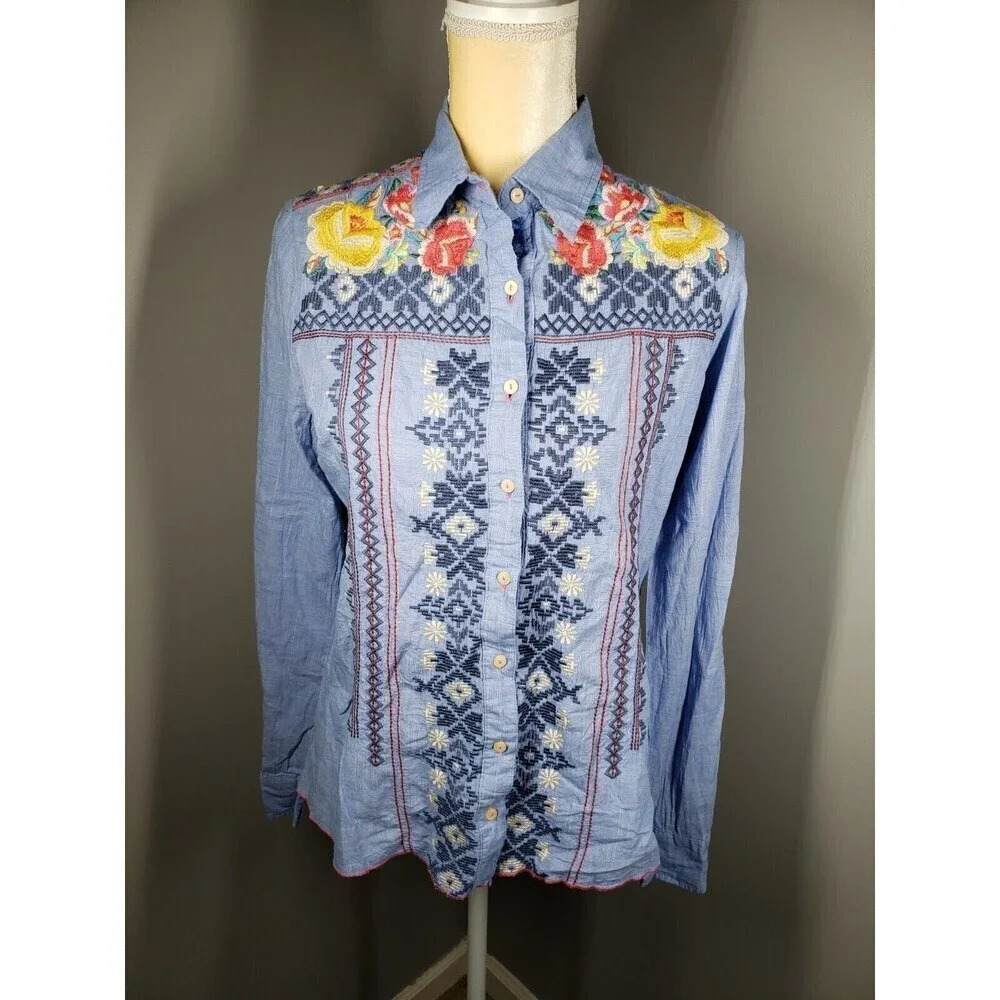 Johnny Was 3 J Workshop Women's Chambray Embroidered Button Down Shirt Size S